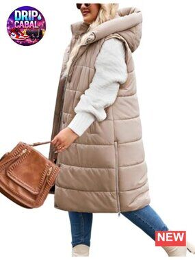 Plus Size Puffer Vest Long Winter Sleeveless Hooded Zip Up Quilted Jacket